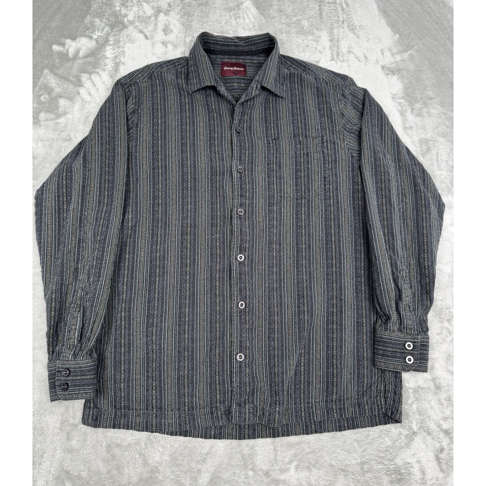 Tommy Bahama Silk Button Shirt Mens Large L Long Sleeve Black Striped Beach